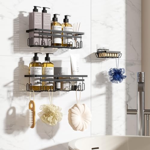 Vinabo Shower Caddy, Bathroom Shelf Organiser No Drilling with Soap Dish, 3PCS, Rust-Proof Bathroom Accessory, Shower Storage with Hooks, Essentials for Kitchen (Black)