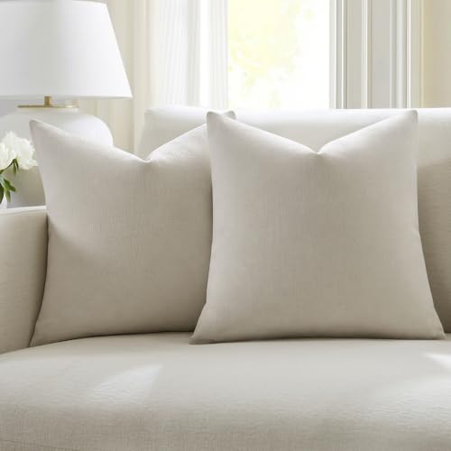 Meekio Set of 2 Ivory Pillow Covers 22 x 22 Inch Farmhouse Boho Decorative Throw Pillow Covers Linen Cushion Covers for Sofa Couch D??cor