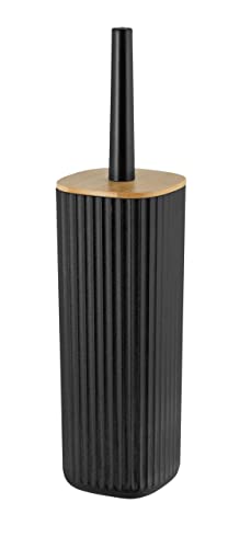 WENKO Rotello Toilet Brush Set, Closed Toilet Brush Holder, Bamboo Lid, Grooved Structure, Black/Natural, 10 x 36 cm, Includes Toilet Brush, Replaceable Brush Head