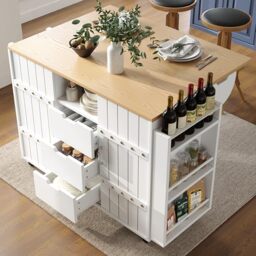 Ball & Cast Kitchen Cabinet, Kitchen Island with Sliding Doors and Drawers, Kitchen Trolley with Castors and Worktop, Free Standing Cabinets with Spice Rack and Towel Rail, white