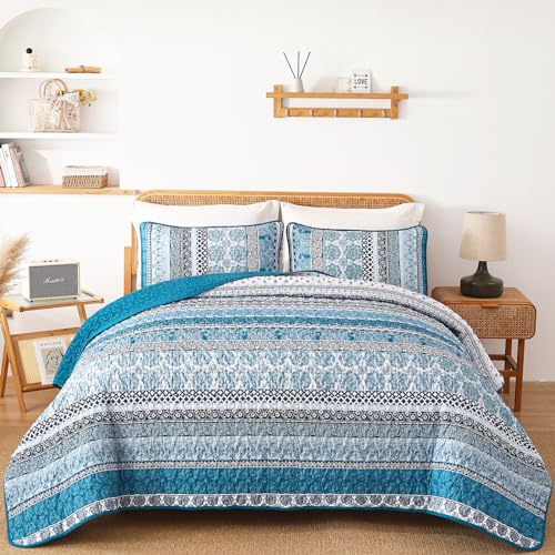 "WONGS BEDDING Boho Quilt Set King Size, Teal Blue Bohemian 3 Pieces Quilt Sets, Lightweight Bedspread Coverlet Bedding Set for All Season (104""x90"")"