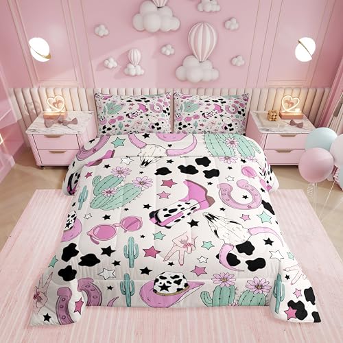 Erosebridal Western Bull Skull Queen Bedding Set,Pink Cowgirl Boot Comforter Set for Girls Kids Women,Cow Print Horseshoe Comforter,Wild West Cactus Bedroom Room Decor,2 Pillowcases Breathable