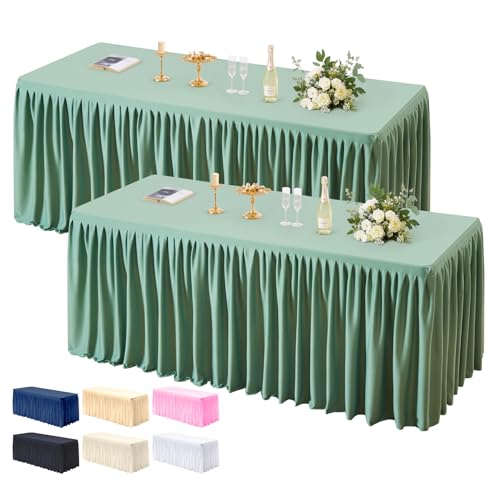 PARTISKY 2 Pack Sage Green Tablecloths for Rectangle Tables 8ft, Wrinkle Resistant Spandex Table Cover Fitted Stretch Table Cloth with Pleated Ruffle Skirts for Party Banquet Dining Birthday Wedding