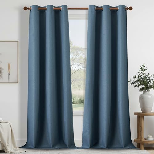 DONREN Total Blackout Linen Curtains 108 Inch Length for Bedroom Living Room, Farmhouse 100% Black Out Thermal Insulated Privacy Lightweight Grommet Curtain Panels, Denim Blue, W37 x L108, 2 Panels