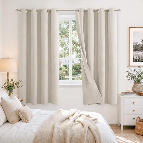 BGment Light Beige Blackout Curtains for Bedroom 63 Inch Long - Linen Textured Thermal Insulated Light Blocking Lightweight Bronze Grommet Window Drapes for Living Room, 2 Panels, 52 x 63 Inch