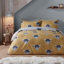 Fusion Highland Cow Duvet Cover Set Double 200 x 200cm – Ochre Yellow Polycotton Easy Care Bedding, Reversible Ochre and Grey Farm Animal Print, Includes 2 Pillowcases