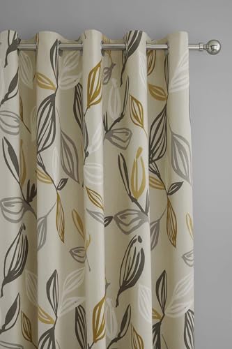 "Fusion Ensley Grey & Ochre Leaf Curtains - 2 Panels, 66""x54"" (168x137cm) - 100% Cotton, Yellow Eyelet - Thermal and lined for Bedroom/Living room"