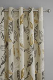 "Fusion Ensley Grey & Ochre Leaf Curtains - 2 Panels, 66""x54"" (168x137cm) - 100% Cotton, Yellow Eyelet - Thermal and lined for Bedroom/Living room"