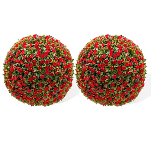 GarveeHome Artificial Topiary Balls Set of 2-45cm Faux Rose Garden Balls with Red Flowers, UV Protected Indoor/Outdoor Hanging Ornaments, Pre-Attached Chain (Weatherproof & Zero Maintenance)