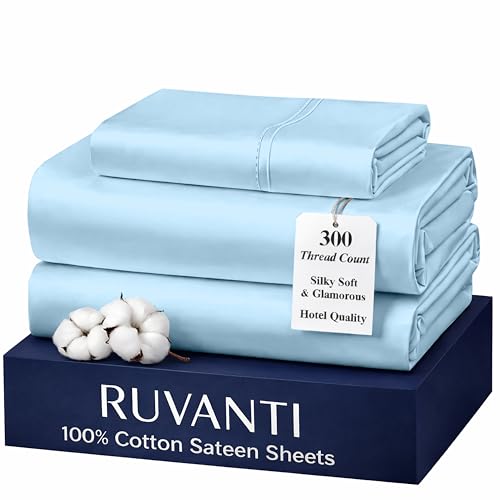 "Ruvanti 100% Cotton Sheets Twin XL Size Bed Set - 300 Thread Count Silky Soft Sateen Weave, Cooling, Lightweight & Breathable, 16"" Deep Pocket, Durable & Luxury Satin-Like, 3 Piece, Sky Blue"