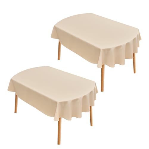 Wolkemer 2 Pack 60x84 Inch Oval Tablecloth Washable Solid Beige Table Cloth - Reusable Polyester Fabric Table Cloth, Oval Table Cover, Tablecloth for Dining, Wedding, Holiday Party Banquet Decoration