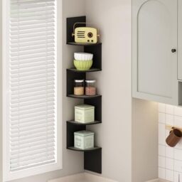 Furinno ROSSI 5-Tier Floating Corner Shelf for Wall, Corner Zigzag Shelf Wall Mounted, Radial Wall Mount Shelves, for Home Office, Living Room, Bedroom, Bathroom, French Oak