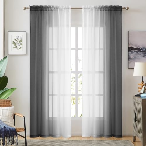 Black Ombre Faux Linen Sheer Curtains for Bedroom Living Room Rod Pocket, 2 Tone Reversible Gradient Voile Semi Window Curtains,Privacy and Light Filtering, Set of 2 Panels, 54 x 96 Inch Length