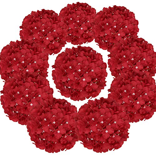 Flojery Silk Hydrangea Heads Artificial Flowers Heads with Stems for Home Wedding Decor,Pack of 10 (Red)