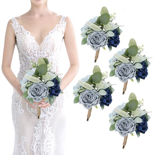 SEMONONIA Artificial Bridesmaid Bouquets - Set of 4 Silk Rose Flowers Bouquet Wedding Rustic Small Floral Centerpieces for Marriage Proposal Party Anniversary Dining Table Decorations - Blue,7 Inch