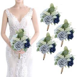 SEMONONIA Artificial Bridesmaid Bouquets - Set of 4 Silk Rose Flowers Bouquet Wedding Rustic Small Floral Centerpieces for Marriage Proposal Party Anniversary Dining Table Decorations - Blue,7 Inch