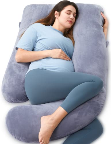 momcozy U Shaped Pregnancy Pillow, Full Body Support, Back&Hip, Velvet Grey - Maternity Pillow provides Ergonomic Full Body Support, Standard Size 144x70x20cm, Removable Cover, Machine Washable