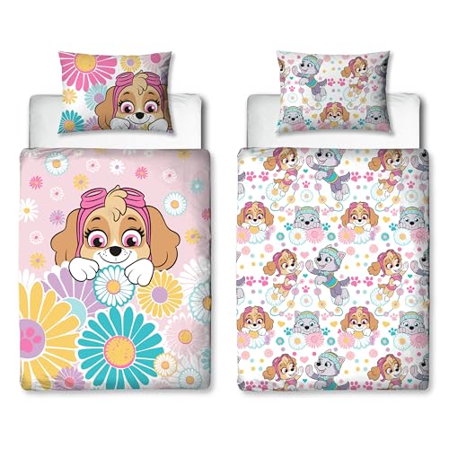 PAW PATROL Childs Toddler Cot Bed Duvet Cover - Flowers and Skye Design Reversible 2 Sided bedding with Matching Pillowcase, Polycotton