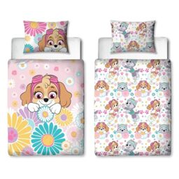 Official Paw Patrol Childs Toddler Cot Bed Duvet Cover - Flowers and Skye Design Reversible 2 Sided bedding with Matching Pillowcase, Polycotton