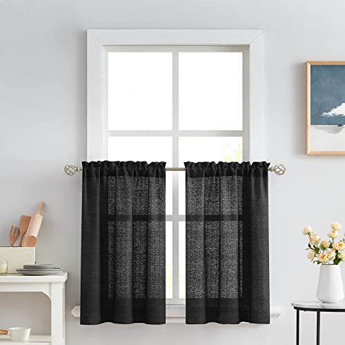 Melodieux Black Semi Sheer Tier Curtains 36 Inch Length for Kitchen Cafe Bedroom Small Windows, Linen Look Rod Pocket Short Curtain Tiers Voile Drapes, 2 Panels