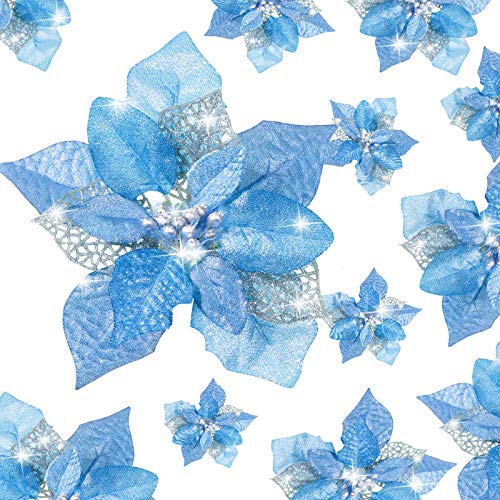 WILLBOND 36 Pieces Christmas Glitter Poinsettia Faux Flowers Christmas Flowers Decorations Wedding Xmas Tree New Year Ornaments (Blue)
