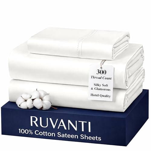 "RUVANTI 100% Cotton Sateen Sheets Twin Size, Ivory - Twin Sheet 300 Thread Count 3 Piece Set, 16"" Deep Pocket, Cooling Bed Sheets For Hot Sleepers, Breathable & Durable"