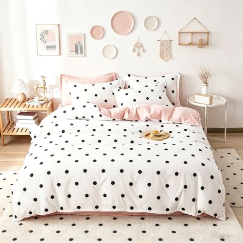 Polka Dots Duvet Cover Cute Kawaii Polka Dots Bedding Set Black and White Comforter Cover for Boys Girls Children Teens Bedroom Decor Minimalist Style Bedspread Cover Queen Size With 2 Pillow Case