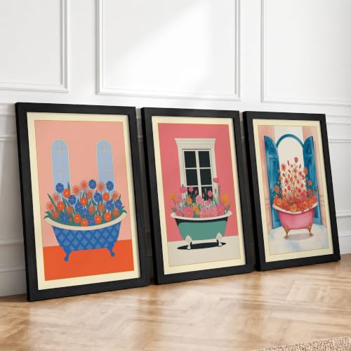 Bathtubs in Bloom Modern Set of 3 Framed Wall Art Prints A3 (42×29.7cm)