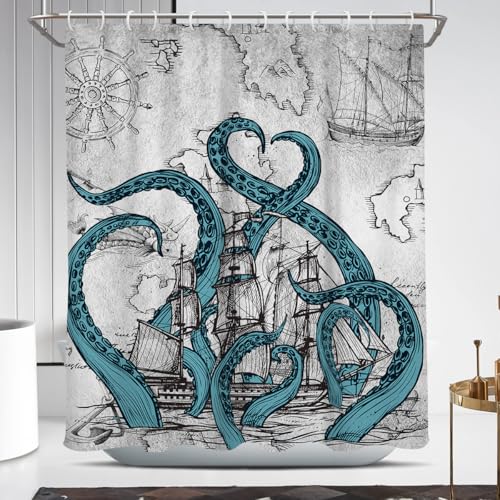 Coxila Vintage Octopus Shower Curtain Retro Nautical Fun Funny Ocean Sea Gray Gray Cool Kraken Ship Pirate World Map Mens Boys Anime Unique Adventure Weird 60 x 72 Inch Polyester Fabric 12 Pack Hooks