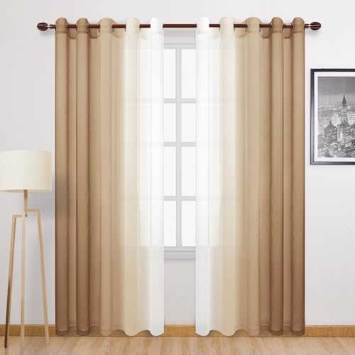 DWCN Ombre Faux Linen Sheer Curtains - Extra Wide Gradient Semi Voile Light Filtering Grommet Top Bedroom and Living Room Curtains, 60 x 84 Inches Long, Set of 2 Window Curtain Panels, Taupe