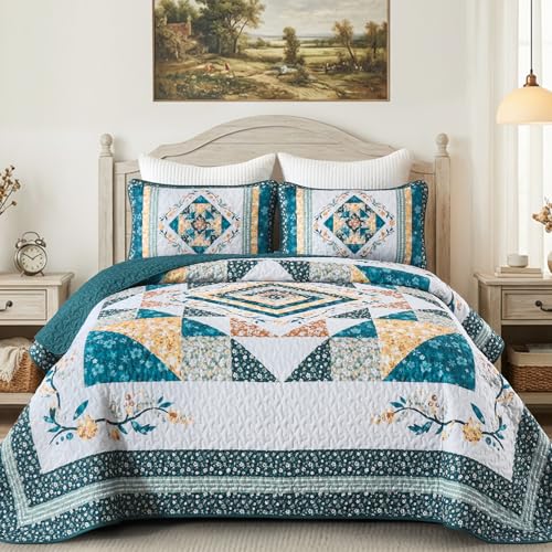 "Dobuyly King Quilt Bedding Set,Vintage Floral Patchwork King Bedspread Teal Lightweight Coverlet Bedding Set with 2 Pillow Shams 110""x90"""