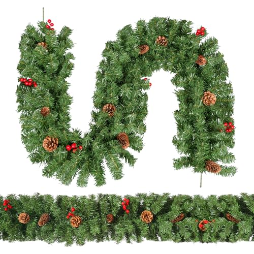 6FT/1.8m Christmas Garland, Uten Fireplace Garland Christmas, Realistic Green Christmas Garland with Pine Cones Red Berries Garland Decorations for Fireplace Stairs Door Xmas Tree Decor