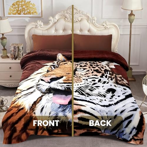 YHSF Korean Mink Blanket - 2 Ply Thick & Soft Reversible Printed Plush - Warm Cozy & Comfy Korean Faux Mink Blanket - Easy Care, Fade-Proof, Tiger/Leopard Style, Queen Size, 5 LB, 87 in x 75 in