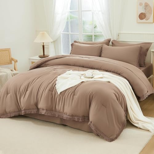 Andency Oversized King Comforter Set, 7 Pieces Taupe Bedding - Boho Bed in a Bag, Soft Lightweight, Fringe Bed Set with Comforter(120x98), Sheets, Pillowcases & Shams