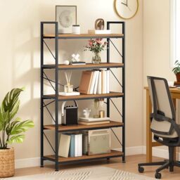DWVO Bookcase 5 Tiers, Industrial Book Shelf 80cm Wide 158cm High Large Book Case Wooden Shelf and Metal Shelving Unit Display Storage Rack for Living Room, Home Office, Rustic Brown Bookshelf