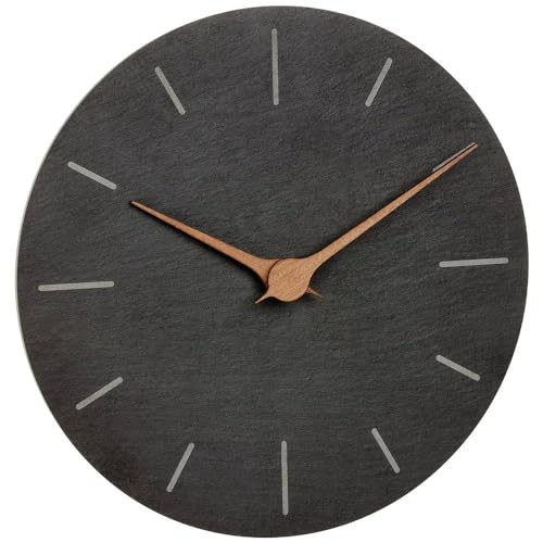 TFA Dostmann Modern Wall Clock Slate 60.3068.10 without Ticking Noises with Walnut Wood Hands Quartz Clock 25 cm for Hanging Black