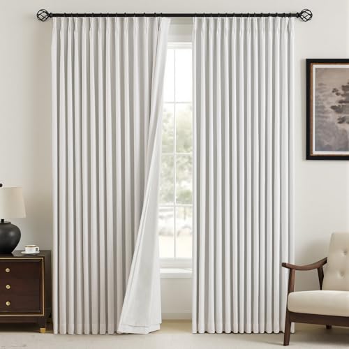 "YZ HOME Pinch Pleated Linen Curtains 100% Blackout 84 Inches Long for Living Room Bedroom, Memory Trained Thermal Insulated Room Darkening Window Drapes with Rings Hooks, 2 Panels, Ivory, 40"" Wx84 L"