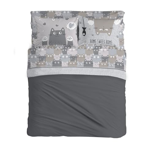 PENSIERI DELICATI Double Bed Set 100% Cotton, Complete Double Bed Sheet Set, 180 x 200 cm, Including Bottom Sheet, Top Sheet and 2 Pillowcases, Made in Italy, Happycat Grey Pattern