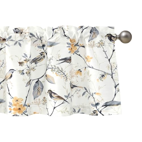 Leeva Birds Vines Printed Semi-Blackout Curtains Valances for Living Room, Rod Pocket Kitchen Valance for Windows, 52 x 18 Inch, Grey Birds, One Panel