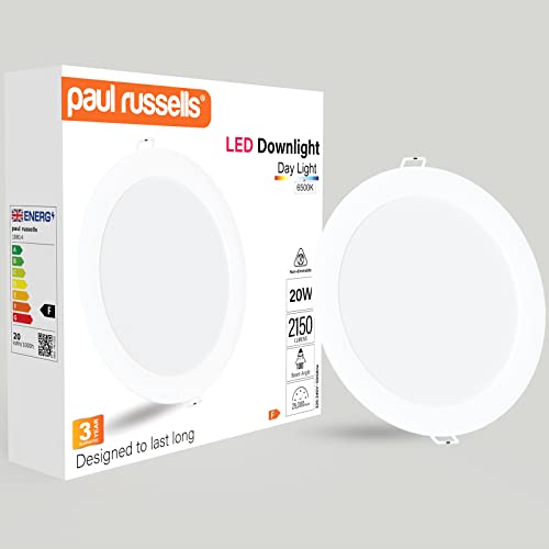 paul russells LED Ceiling Downlights, 20W Slim Recessed Bathroom Downlights, Kitchen Ceilings, 2150 Lumens, 6500K Daylight White, Cutout 170-180mm, Round Non-Dimmable Panel Spotlights, 1 Pack