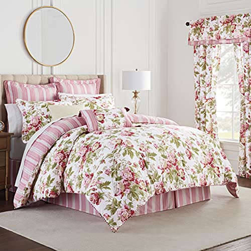 Waverly Soft Reversible Floral 4 Piece Bedding Comforter Set, Cotton, Berry, Queen