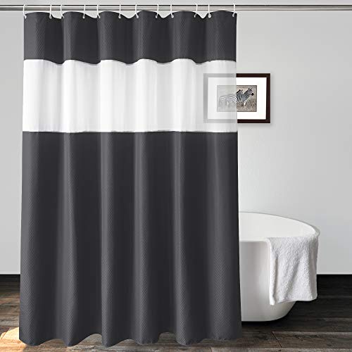 UFRIDAY Waffle Weave Fabric Shower Curtain with Mesh Window, Heavy Duty Decorative Bathroom Curtain with White Pique Pattern, Spa-Like Hotel Luxury, Water-Repellent,72x 78Inches