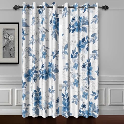 Baocicco Blackout Floral Curtains for Bedroom, 63 inch Long Printed Blue Flower Curtains, French Country Window Treatment Farmhouse Drapes Set 2 Panels Blue Gold 21Wx63L