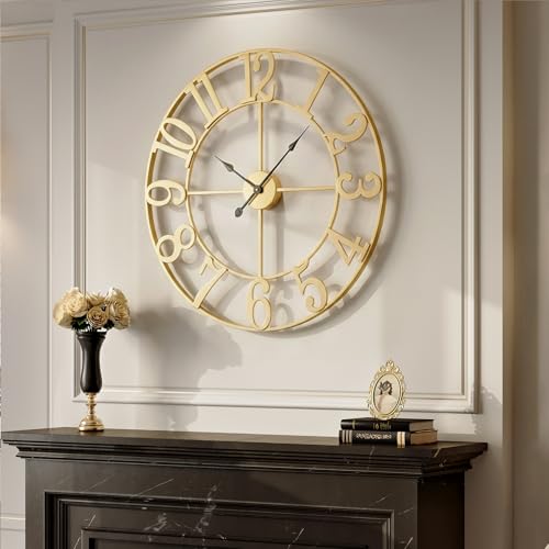 Cuspin Large Wall Clock for Living Room Decor, 30 Inch Gold Wall Clock Battery-Operated Silent Non Ticking, Modern Gold Decorative Metal Clock with Arabic Numerals