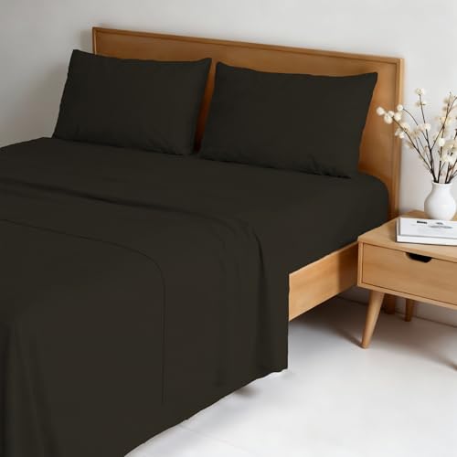 Water Washed Double Bed Bedding Set 4-Piece Set: Fitted Sheet 170 x 200 cm, Flat Sheet 240 x 270 cm, 2 Pillowcases - Brown