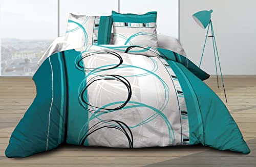 Le linge de Jules Roue Libre Duvet Cover 240 x 260 cm and 2 Pillowcases Pure Cotton 57 Threads / cm2 Turquoise