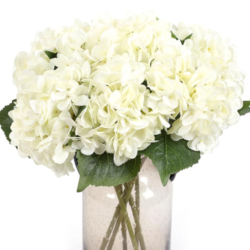 Kimura's Cabin 6 Pcs White Hydrangea Flowers Bouquets Silk Hydrangea Flowers with Stems Faux Hydrangea Stems for Home Wedding Party Table Core Decoration (White, Pack of 6)