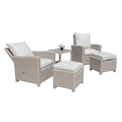 Sorrento Luxury 5 Piece Rattan Garden Furniture Set Aluminium Recliner Sofa Chairs, Glass Top Coffee Table, Footstools, Cushions for Outdoor Patio Lounge Conservatory Balcony