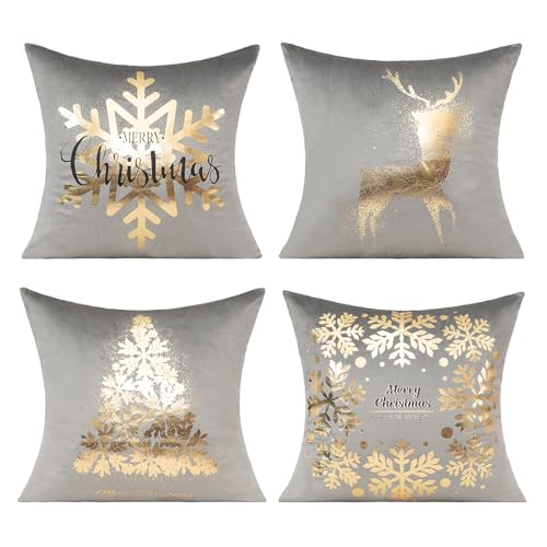 All Smiles Gray Gold Christmas Decorations Throw Pillow Covers Cases 18X18 Set of 4 Winter Xmas Indoor Home Holiday Décor Ornaments Velvet Navidad Cushion for Sofa Tree Snowflake Reindeer