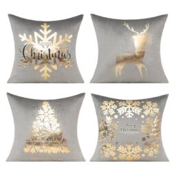 All Smiles Gray Gold Christmas Decorations Throw Pillow Covers Cases 18X18 Set of 4 Winter Xmas Indoor Home Holiday Décor Ornaments Velvet Navidad Cushion for Sofa Tree Snowflake Reindeer